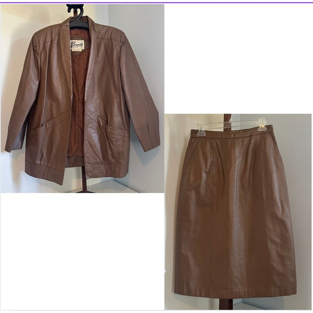 Vintage 80s Bermans Womens 10 Brown Leather 2 Piece Skirt Suit Jacket Open Front